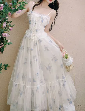 2PS White Floral Print Ruffles Spaghetti Strap Princess Dress With White Shawl Dress Suit