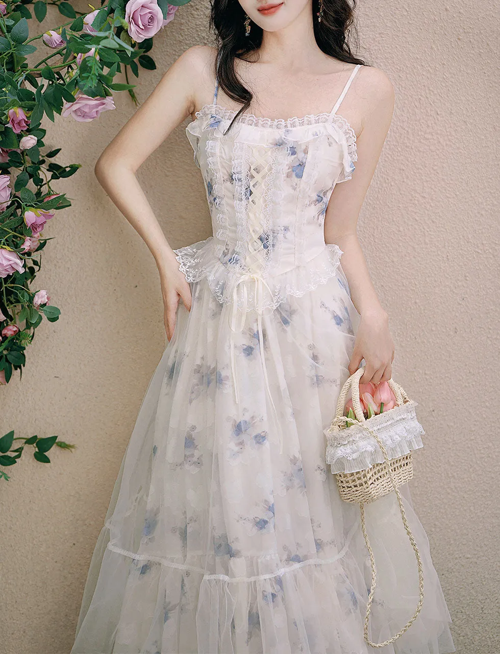 2PS White Floral Print Ruffles Spaghetti Strap Princess Dress With White Shawl Dress Suit