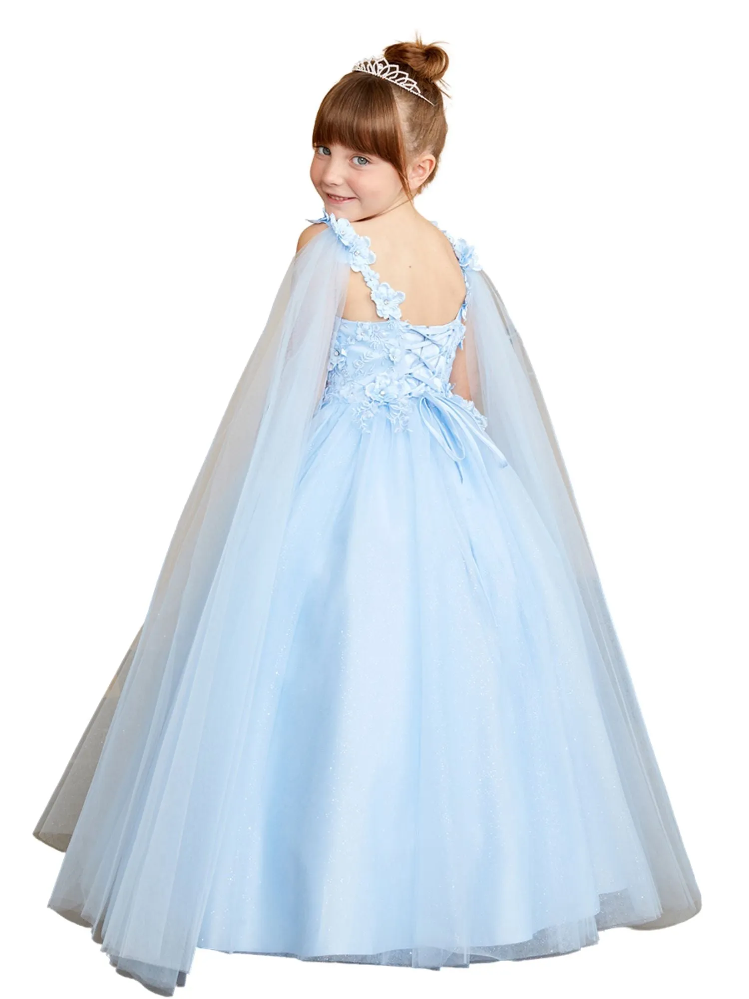 3D Floral Bodice Glitter Tulle Detachable Cape Special Occasion Dress, Sizes 2-18