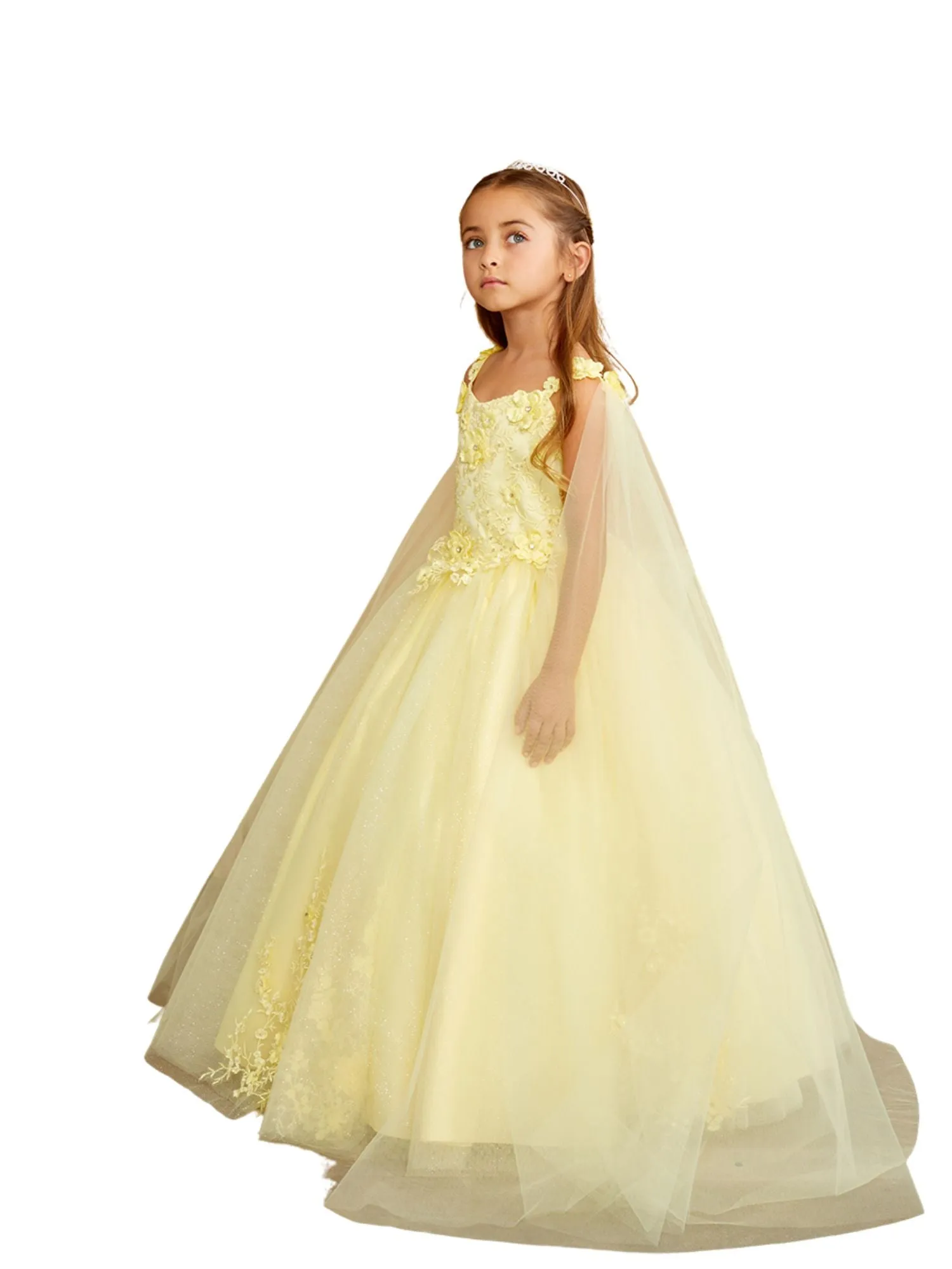 3D Floral Bodice Glitter Tulle Detachable Cape Special Occasion Dress, Sizes 2-18