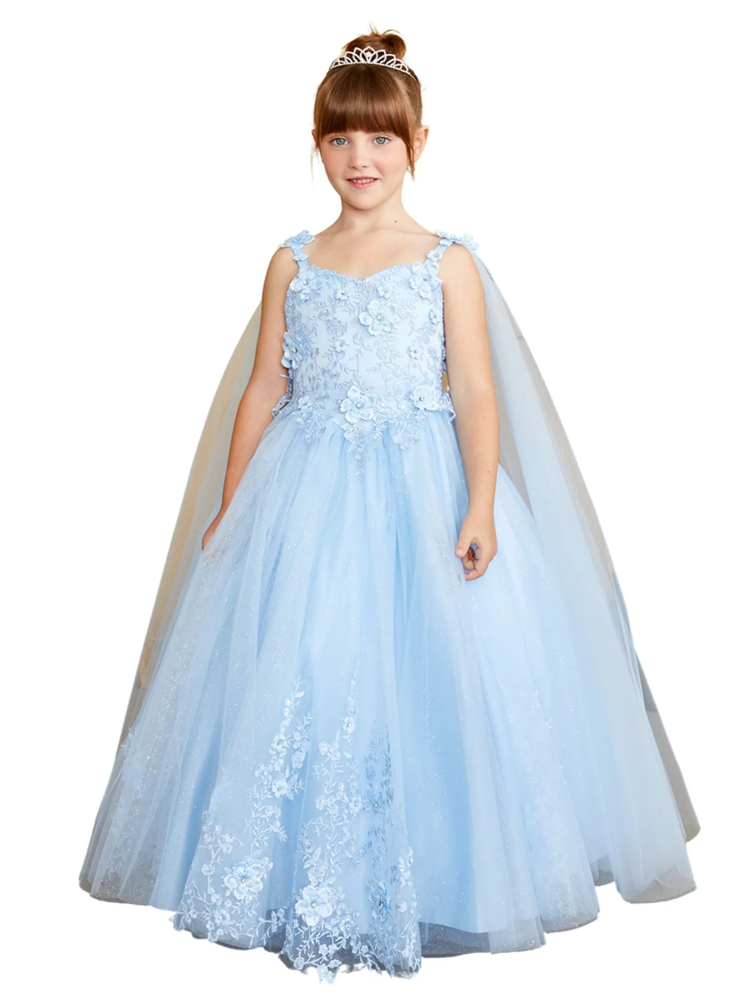 3D Floral Bodice Glitter Tulle Detachable Cape Special Occasion Dress, Sizes 2-18