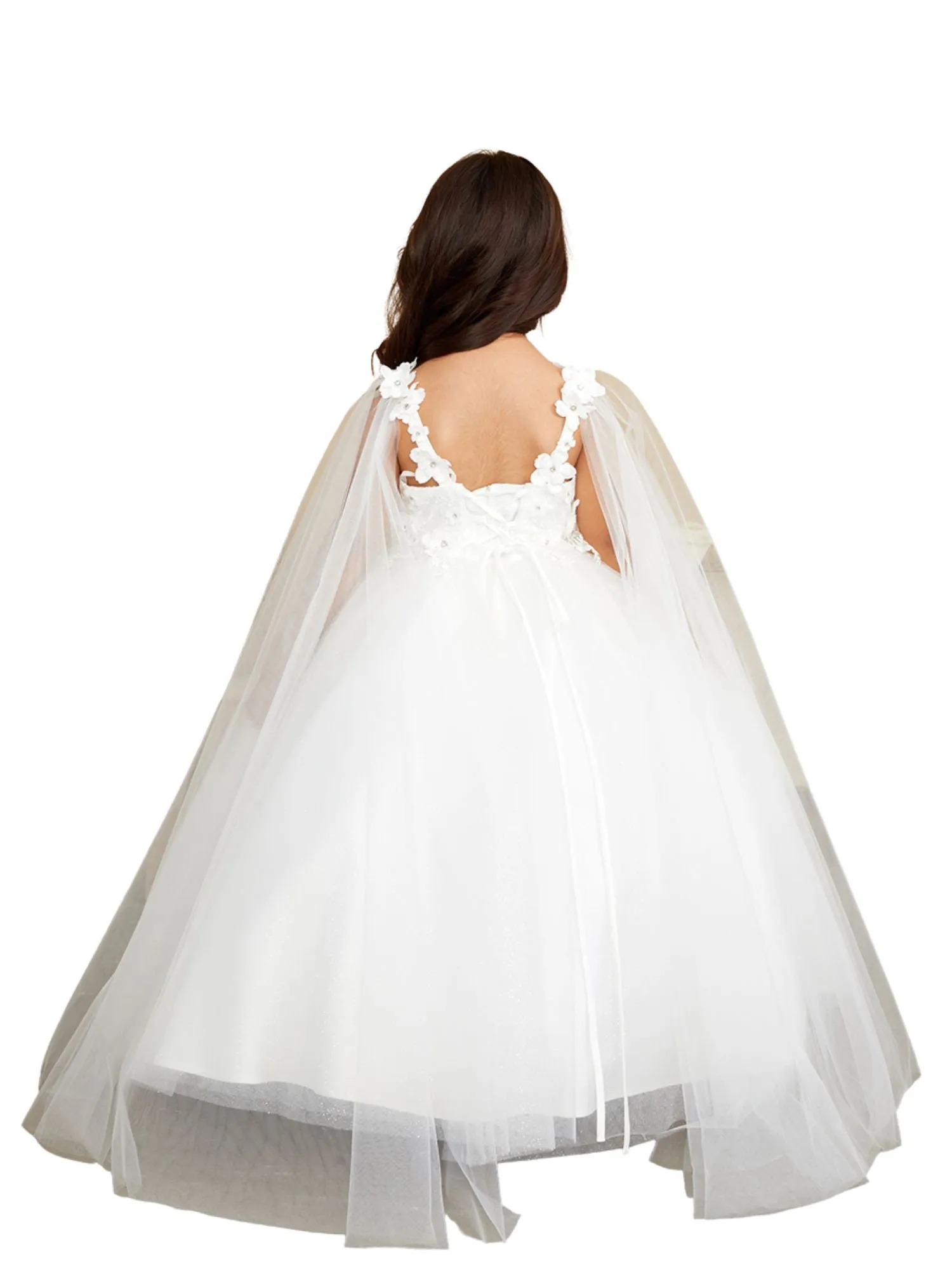 3D Floral Bodice Glitter Tulle Detachable Cape Special Occasion Dress, Sizes 2-18