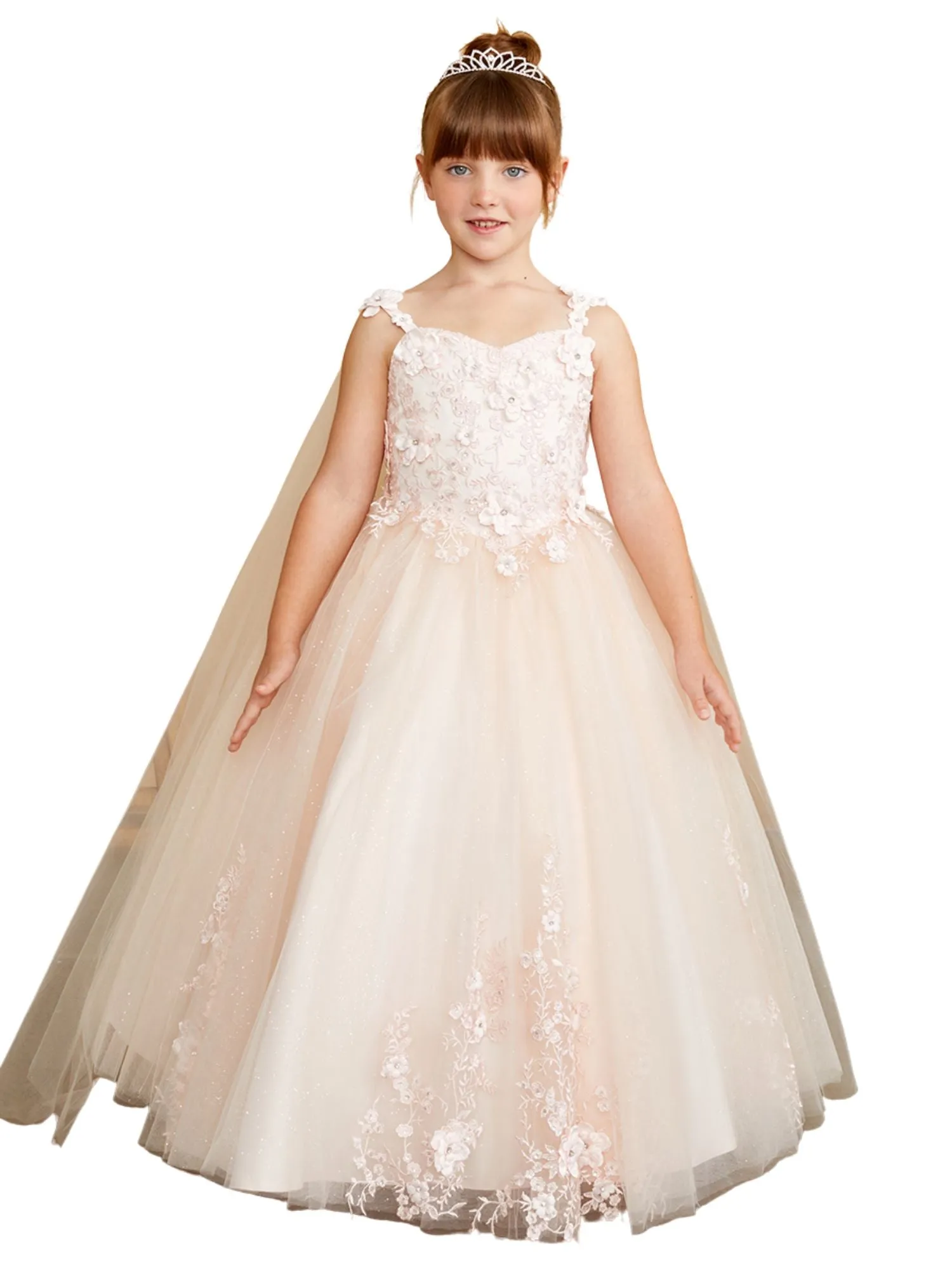 3D Floral Bodice Glitter Tulle Detachable Cape Special Occasion Dress, Sizes 2-18