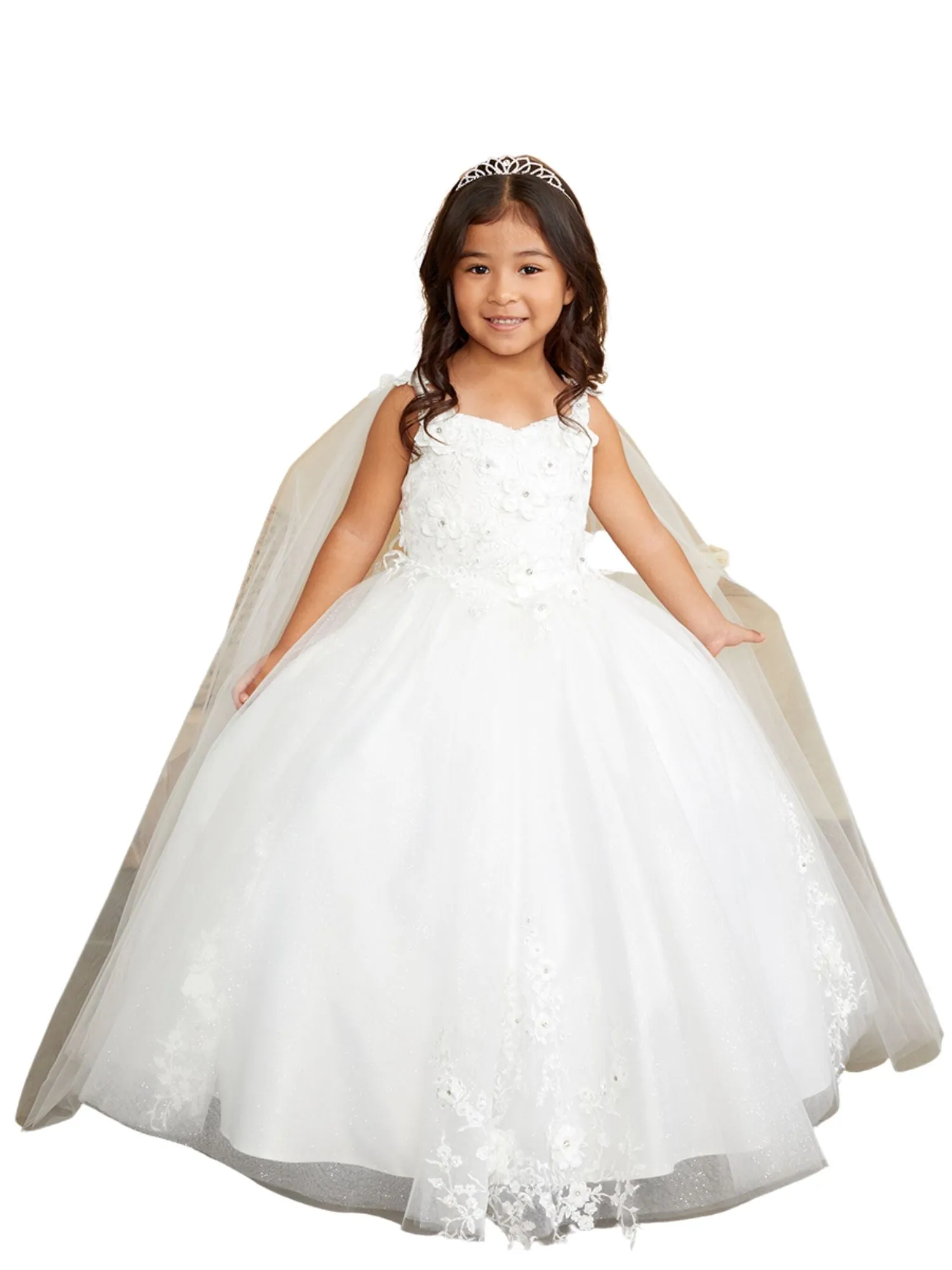 3D Floral Bodice Glitter Tulle Detachable Cape Special Occasion Dress, Sizes 2-18