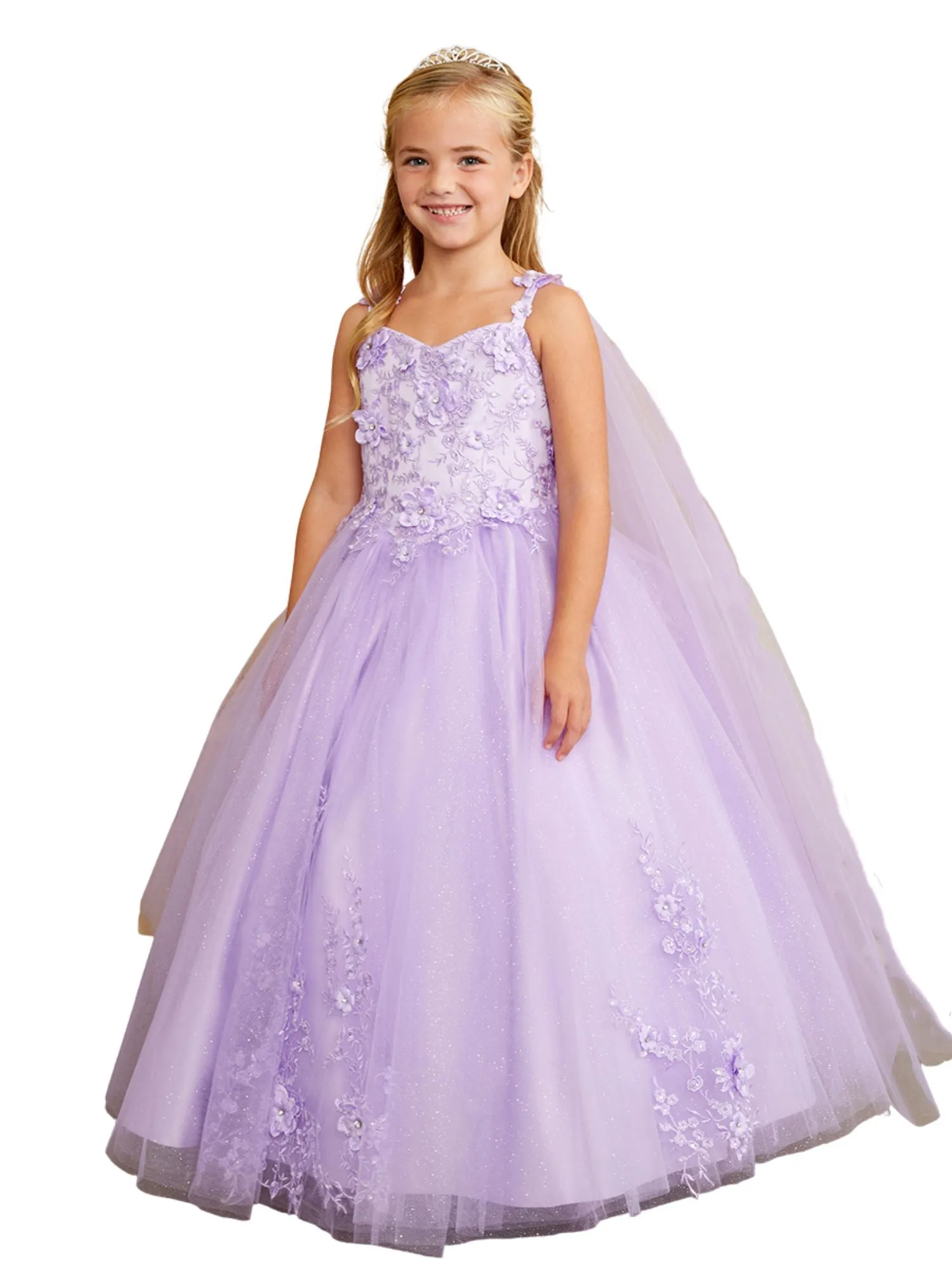 3D Floral Bodice Glitter Tulle Detachable Cape Special Occasion Dress, Sizes 2-18