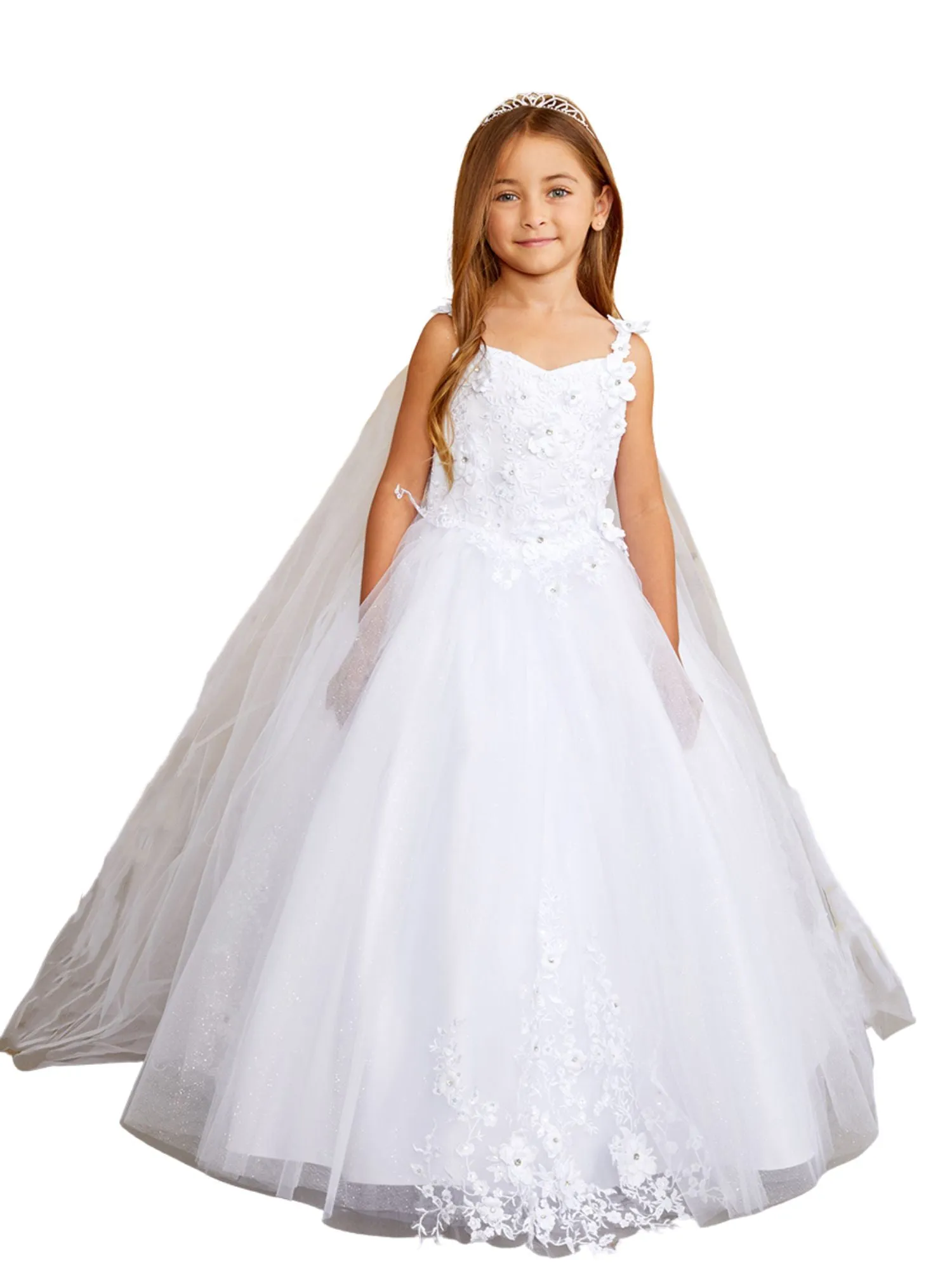 3D Floral Bodice Glitter Tulle Detachable Cape Special Occasion Dress, Sizes 2-18