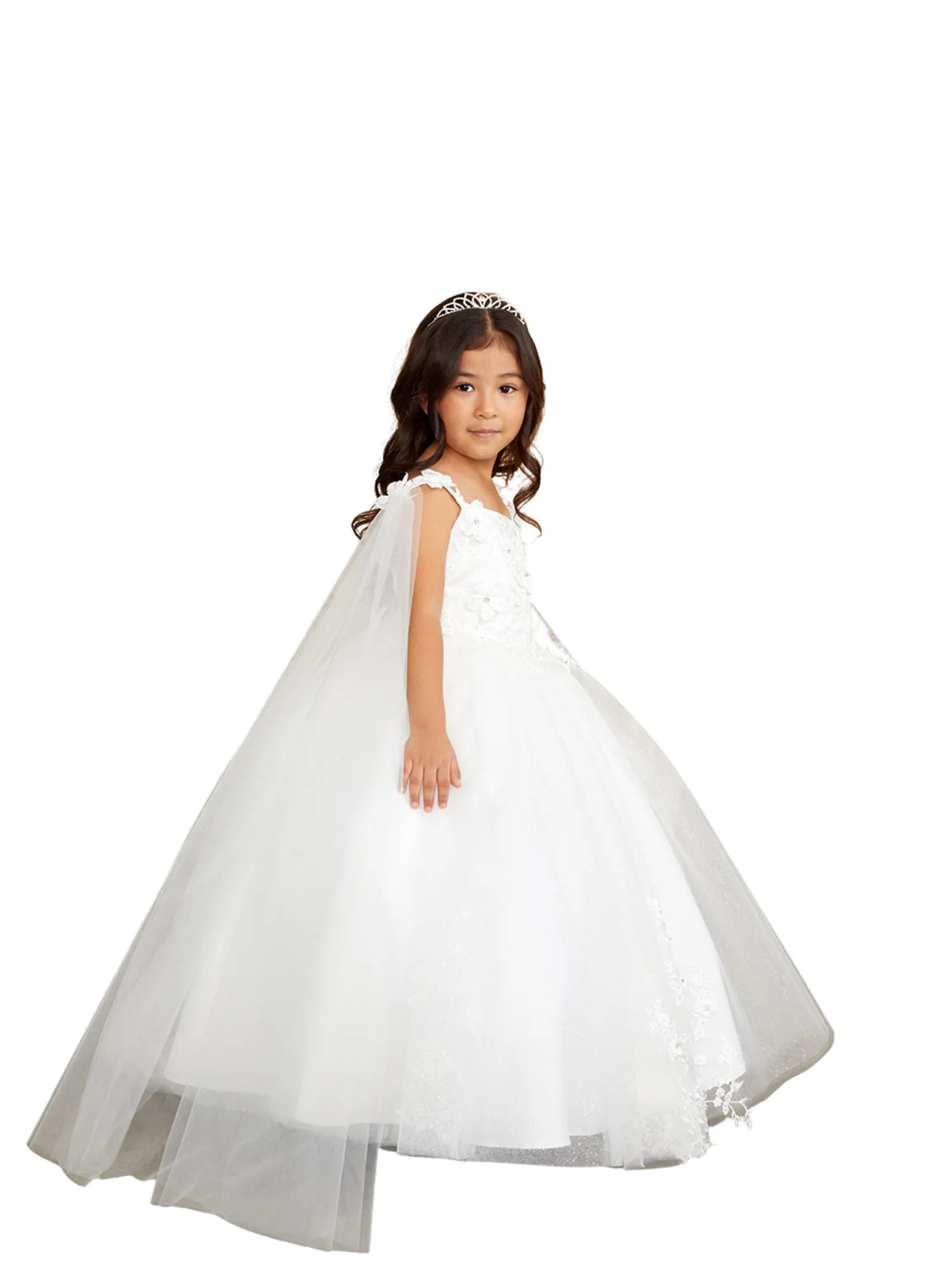 3D Floral Bodice Glitter Tulle Detachable Cape Special Occasion Dress, Sizes 2-18