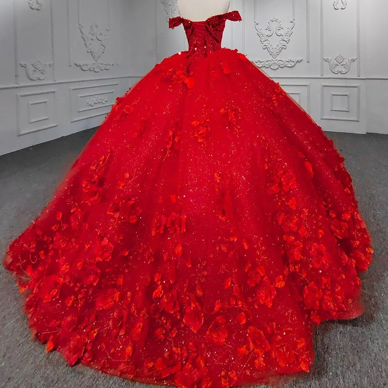 3D flower applique red ball gown luxury evening gala quinceanera wedding dress