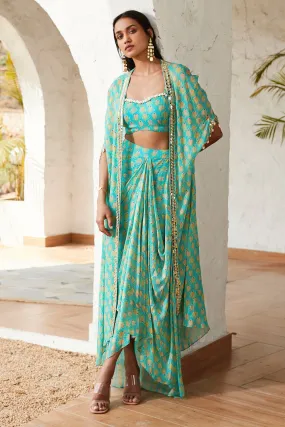 50Z891-RO Blue Printed Skirt Set With Cape