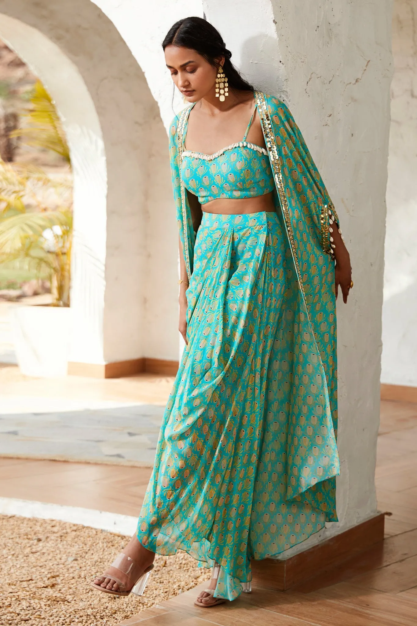 50Z891-RO Blue Printed Skirt Set With Cape