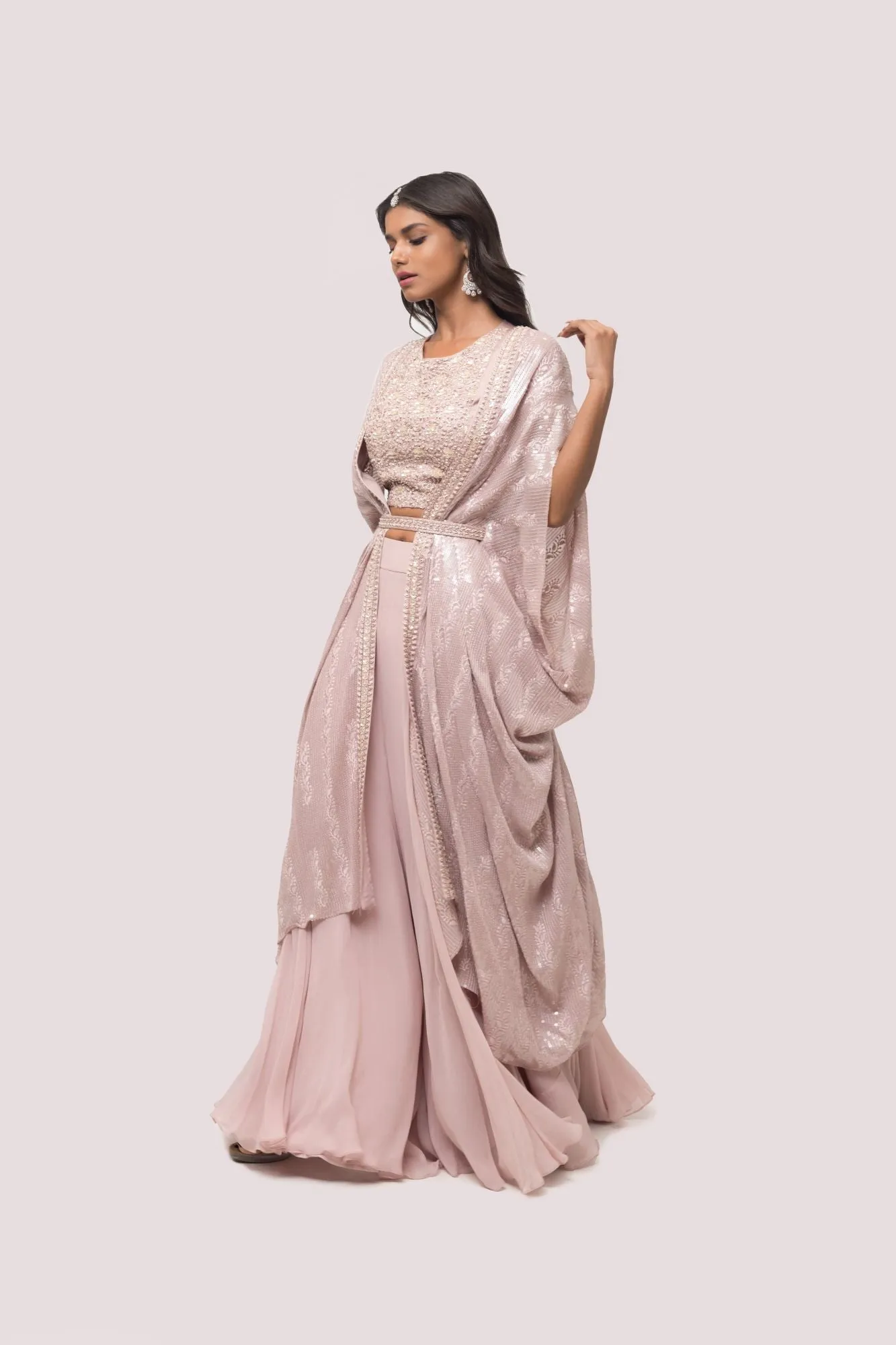 50Z947-RO Mauve Embellished Palazzo Set with Cape