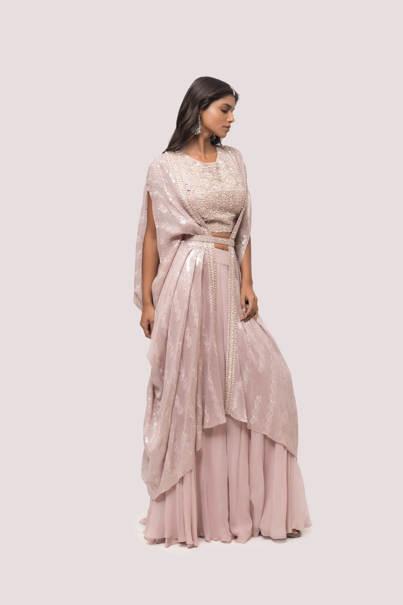 50Z947-RO Mauve Embellished Palazzo Set with Cape