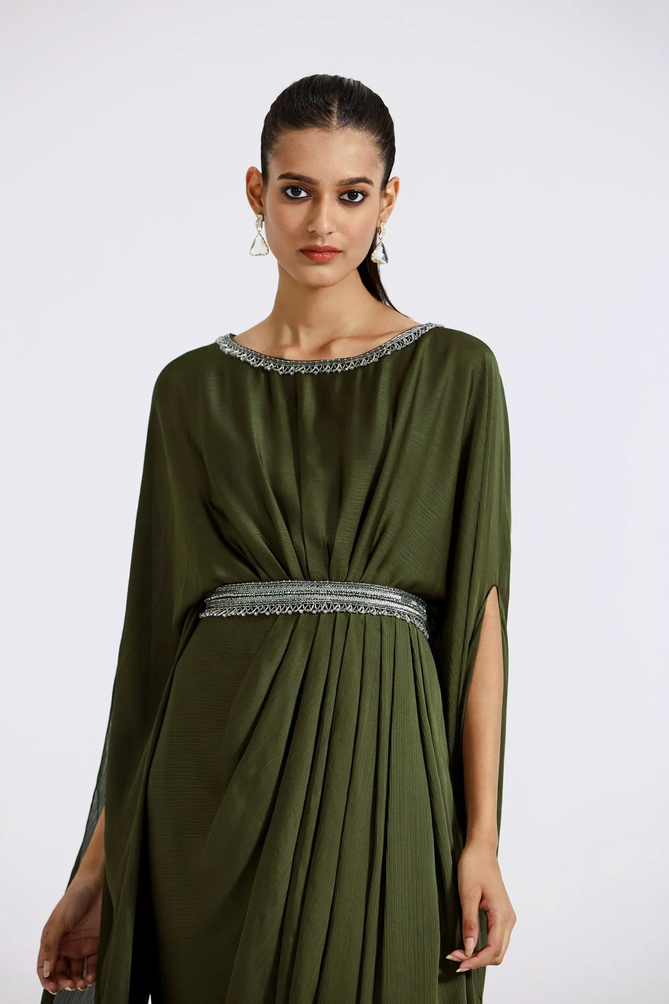 51Z017-RO Moss Green Hand Embroidered Chinon Gown with Cape Sleeves