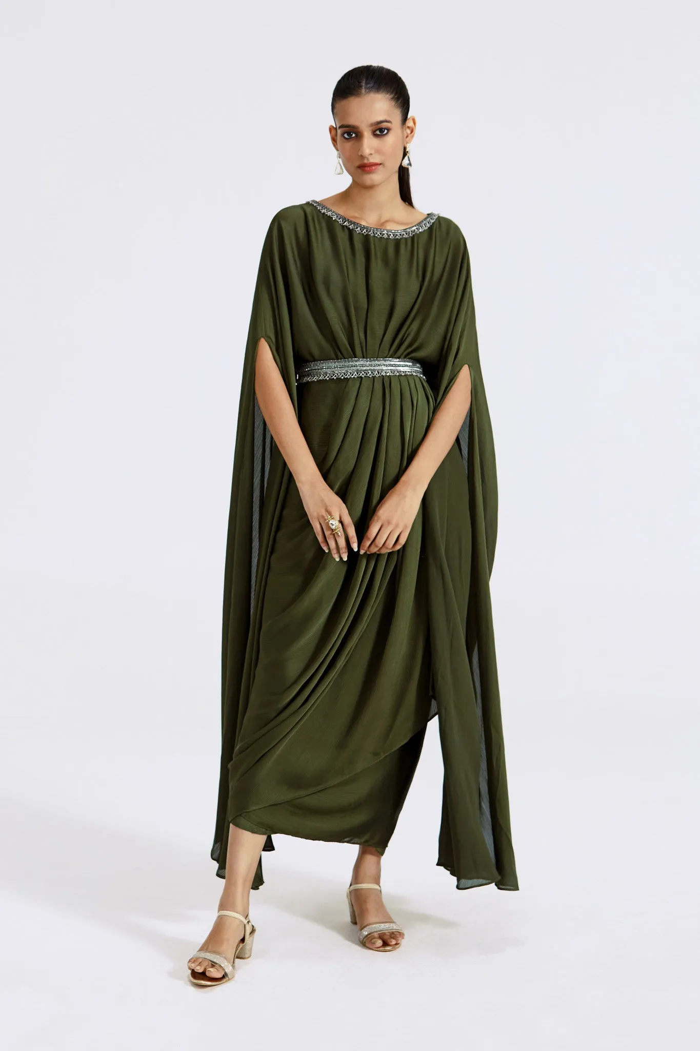 51Z017-RO Moss Green Hand Embroidered Chinon Gown with Cape Sleeves