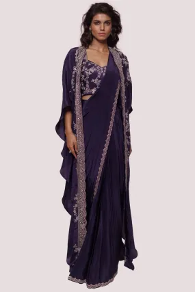 90Y022-RO Purple Embellished Crepe Saree with Embroidered Cape