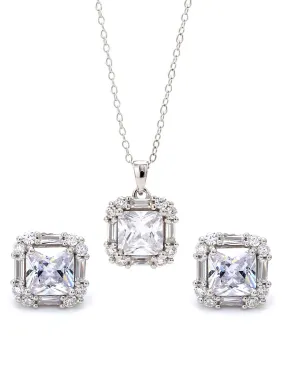 925 Silver American Diamond Square Pendant And Earrings