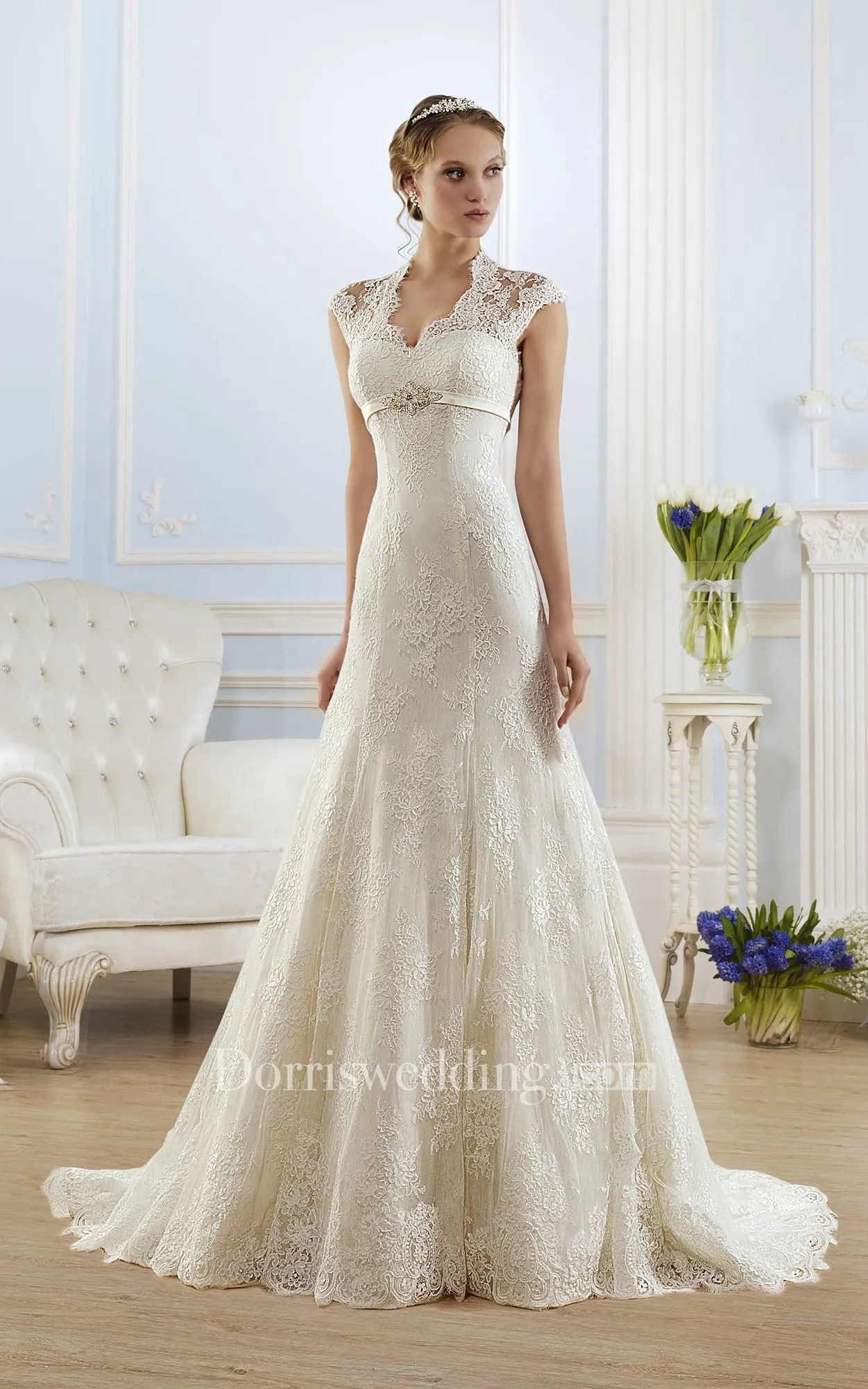 A-Line Floor-Length V-Neck Cap-Sleeve Keyhole Lace Dress With Appliques-714384