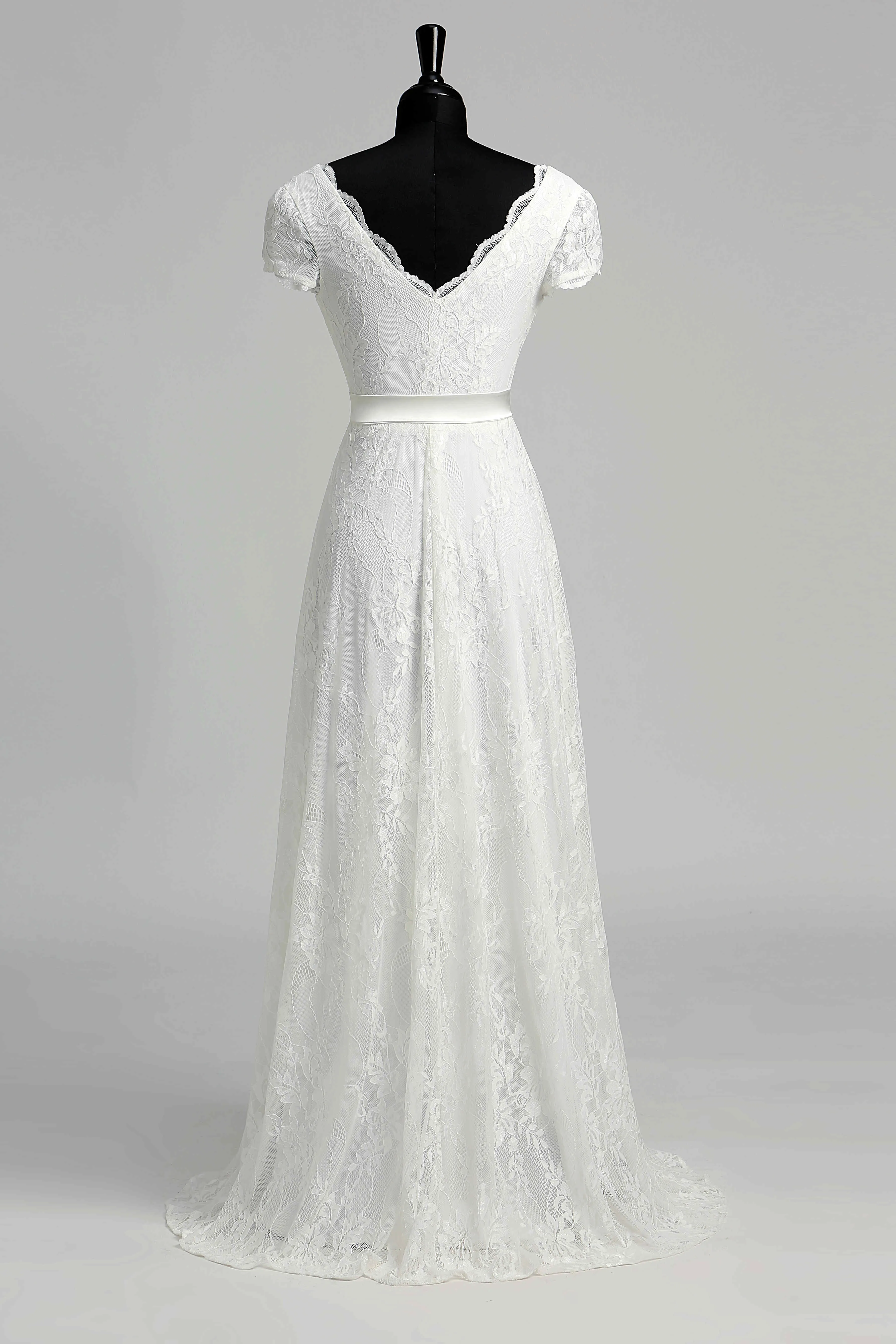 A Line Garden Cap Short Sleeve Wedding Dress-715560