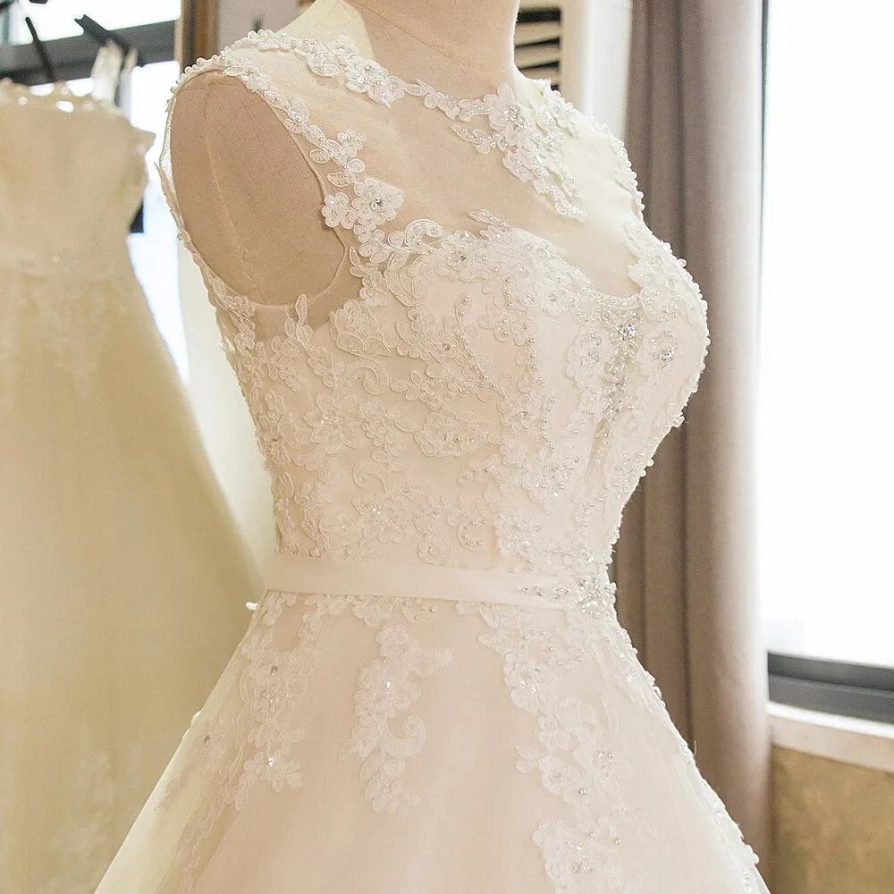 A-Line Sleeveless Tulle Lace Appliques Vintage Wedding Dress Boho Wedding Dress Aiso Bridal