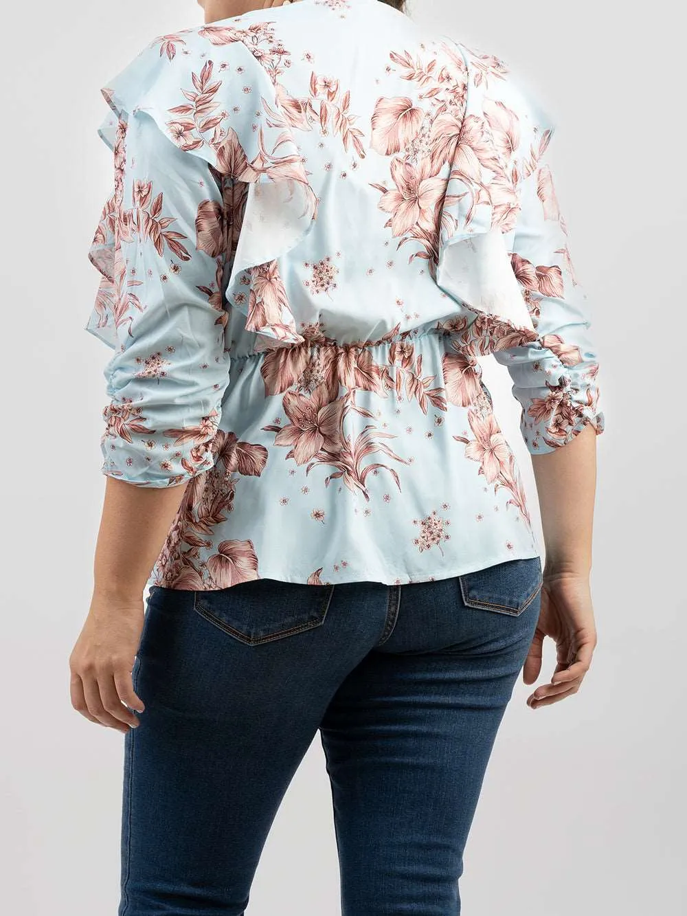 American Bling Plus Size Women Floral Print Ruffle 3/4 Sleeve Wrap Blouse