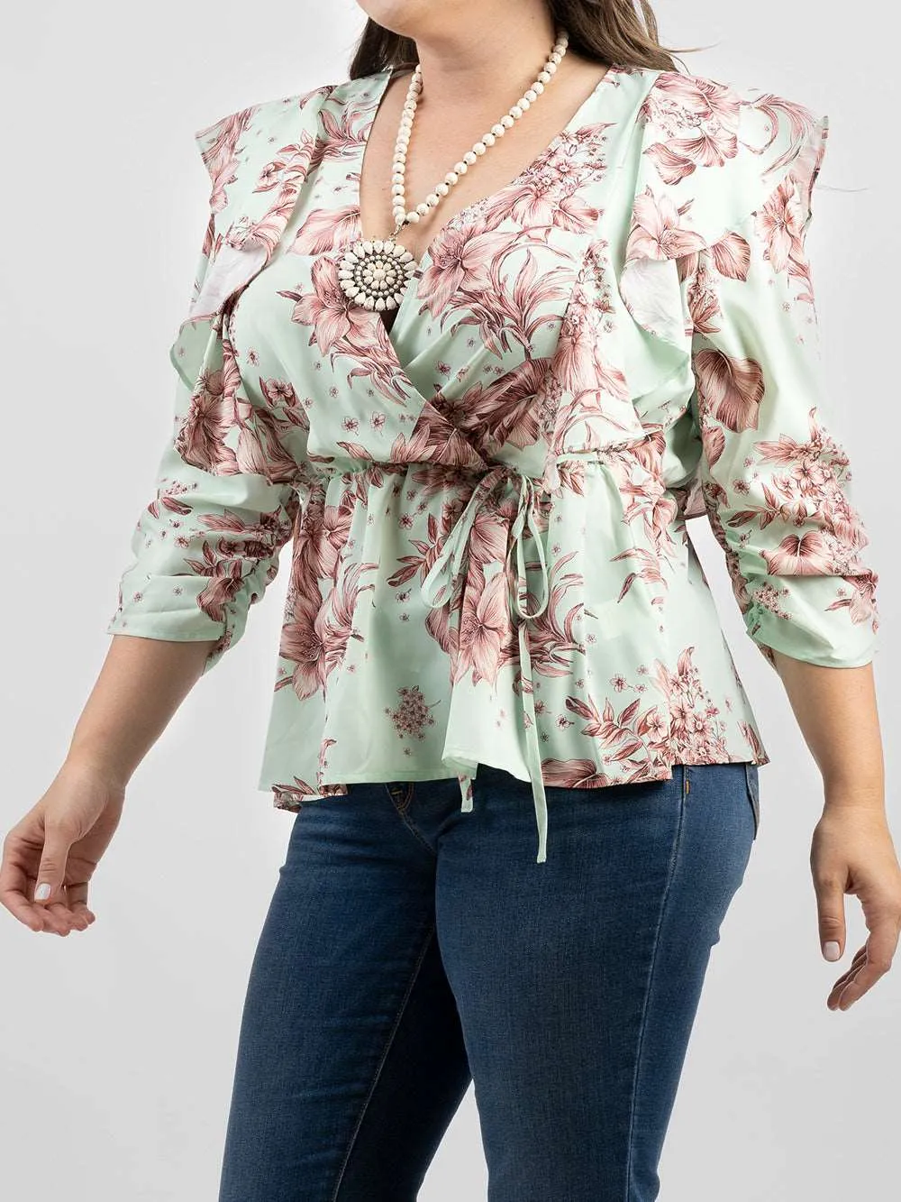 American Bling Plus Size Women Floral Print Ruffle 3/4 Sleeve Wrap Blouse