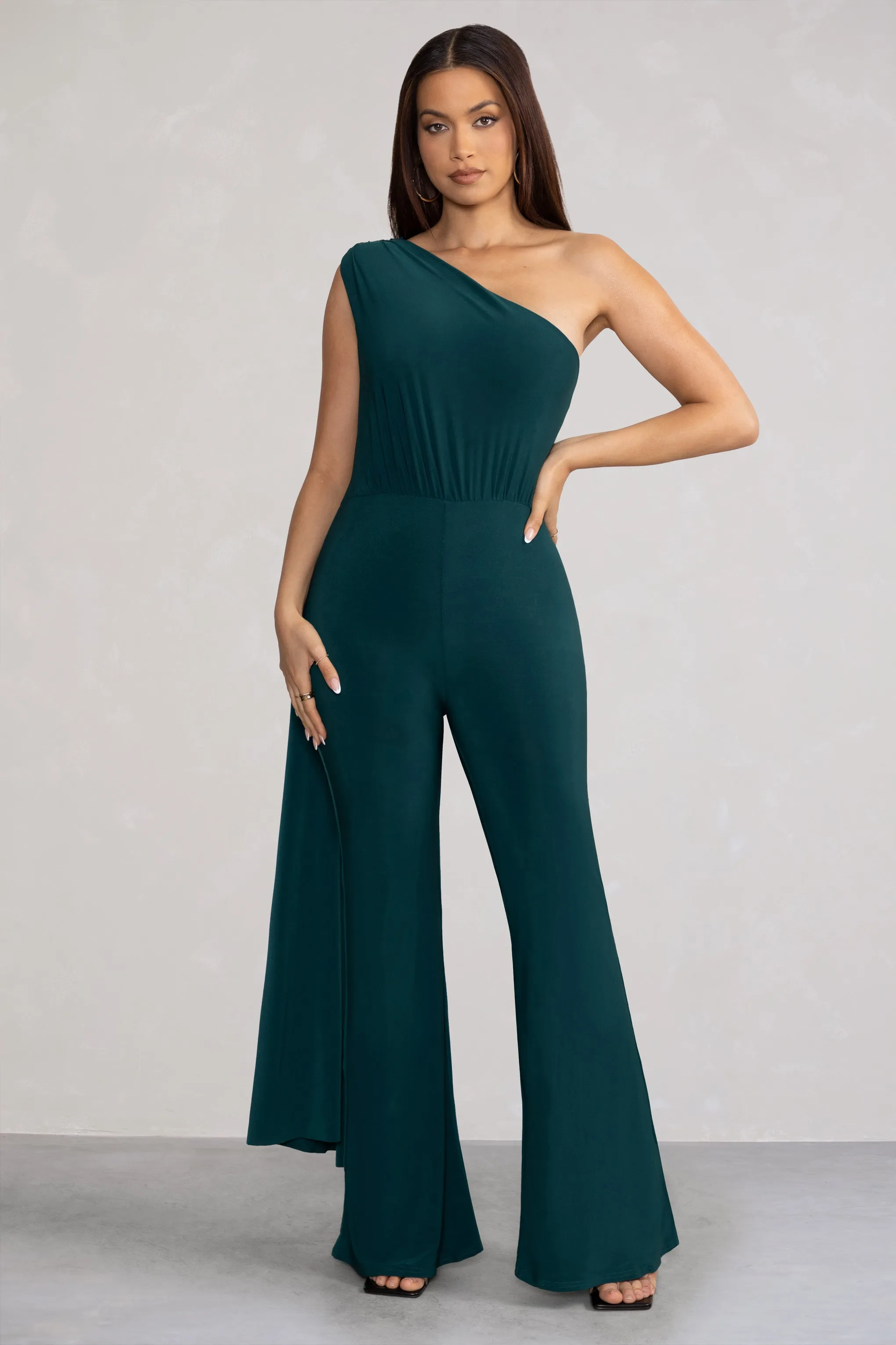 Aurora | Deep Green One Shoulder Cape Sleeve Jumpsuit