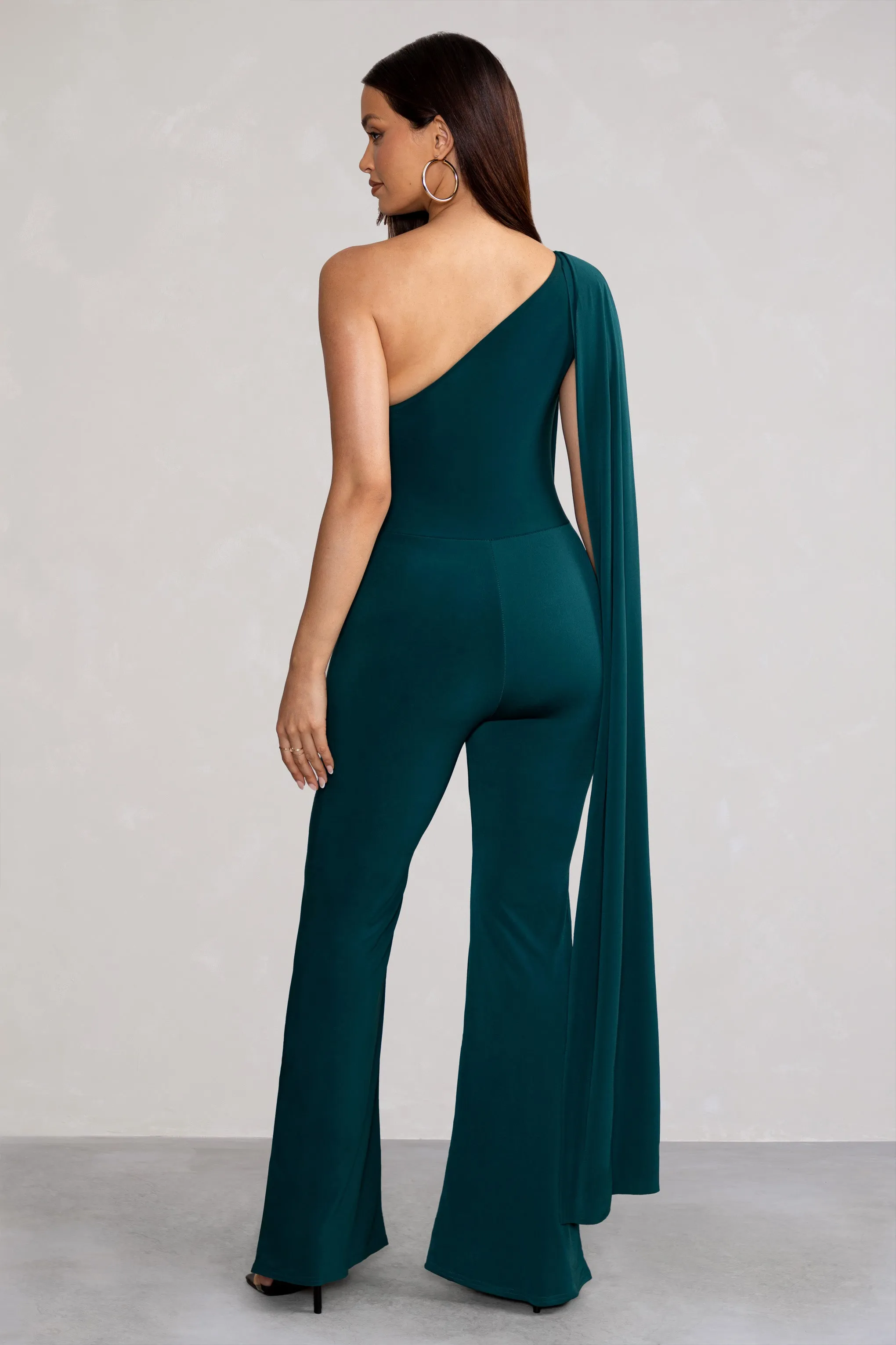 Aurora | Deep Green One Shoulder Cape Sleeve Jumpsuit