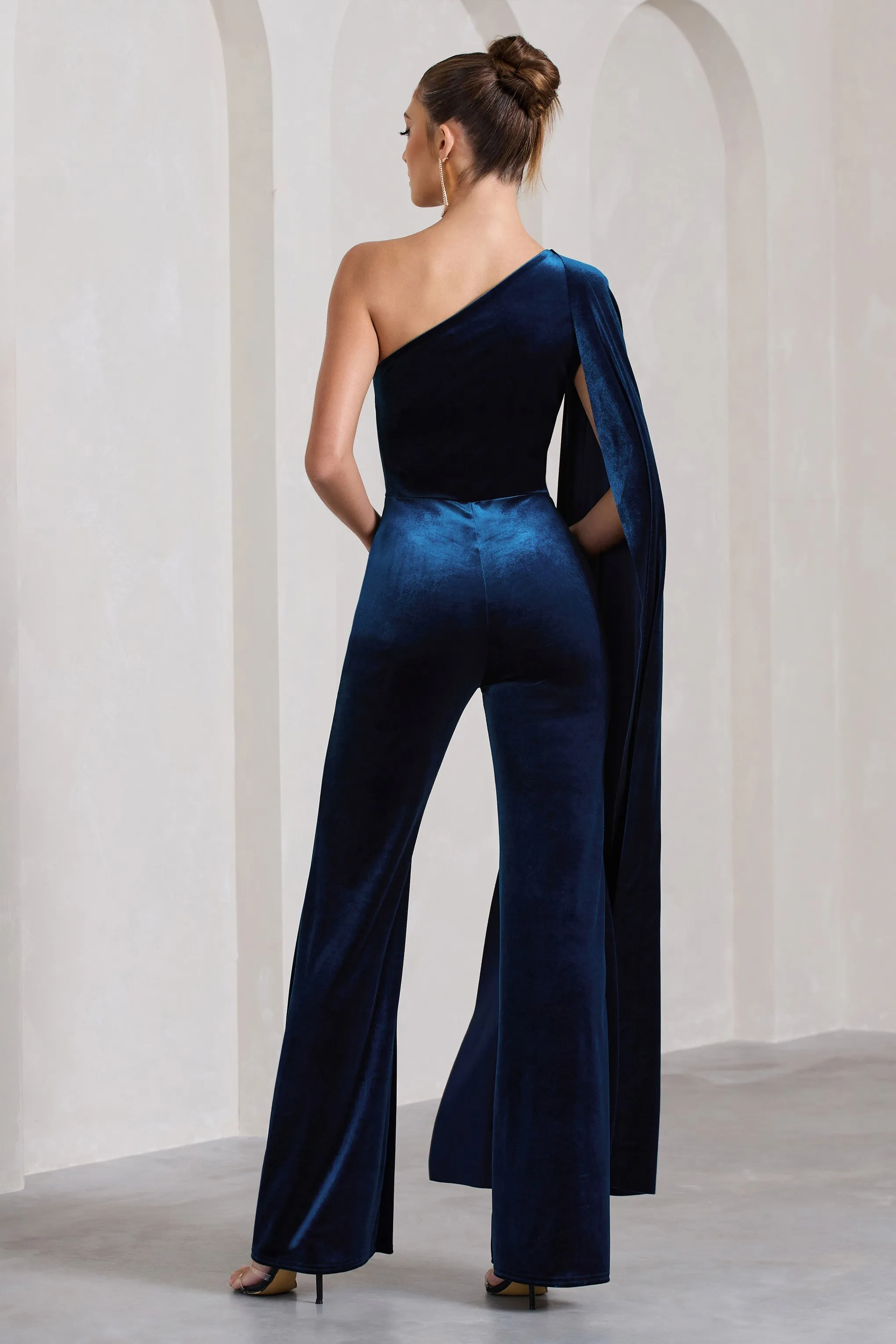 Aurora | Navy Velvet One Shoulder Cape Sleeve Jumpsuit