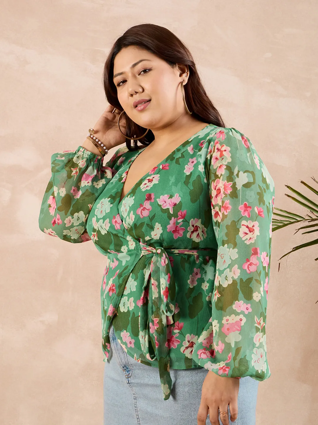 Berrylush Curve Women Green & Pink Floral Printed V-Neck Bishop Sleeves Waist Tie-Up Wrap Regular Top