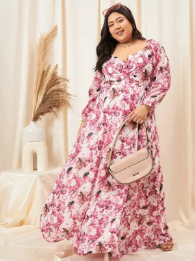 Berrylush Curve Women Pink Floral Printed Sweetheart Neck Waist Tie-Up Georgette Pleated Wrap Maxi Dress