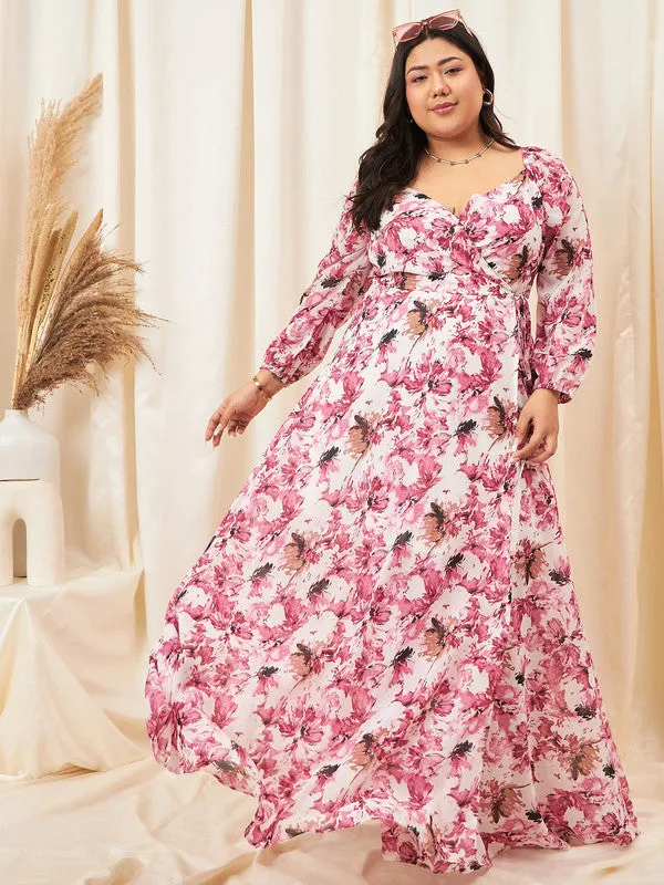 Berrylush Curve Women Pink Floral Printed Sweetheart Neck Waist Tie-Up Georgette Pleated Wrap Maxi Dress