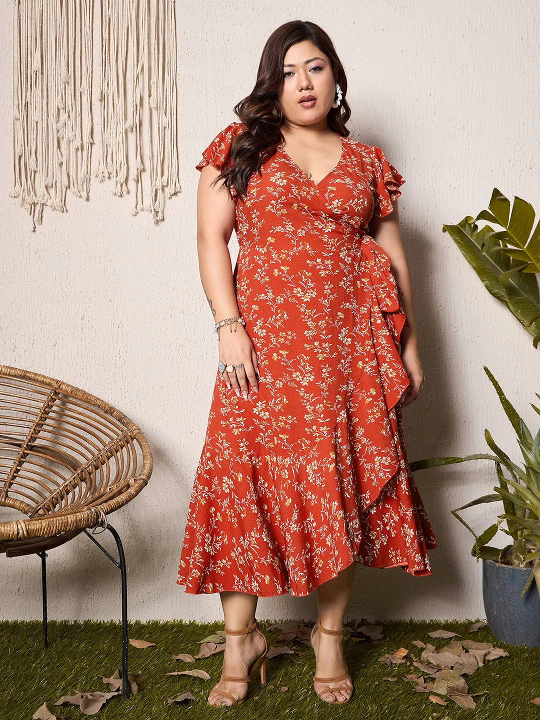 Berrylush Curve Women Red Floral Print V-Neck Short Sleeves Midi Wrap Dress