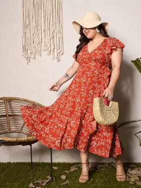 Berrylush Curve Women Red Floral Print V-Neck Short Sleeves Midi Wrap Dress