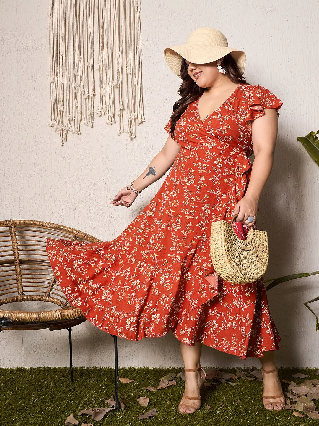 Berrylush Curve Women Red Floral Print V-Neck Short Sleeves Midi Wrap Dress