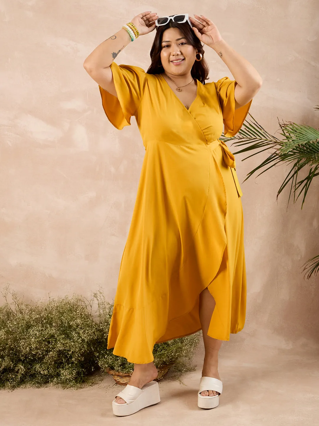 Berrylush Curve Women Solid Yellow V-Neck Flared Sleeves Tie-Up Waist Tulip Hem Wrap Maxi Dress