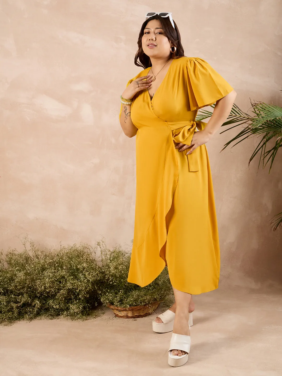 Berrylush Curve Women Solid Yellow V-Neck Flared Sleeves Tie-Up Waist Tulip Hem Wrap Maxi Dress