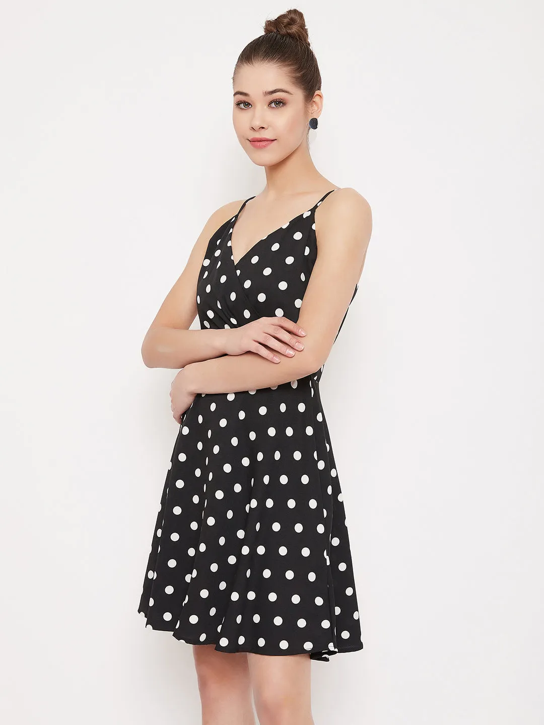 Berrylush Women Black & White Polka Dot Sleeveless Wrap Mini Dress