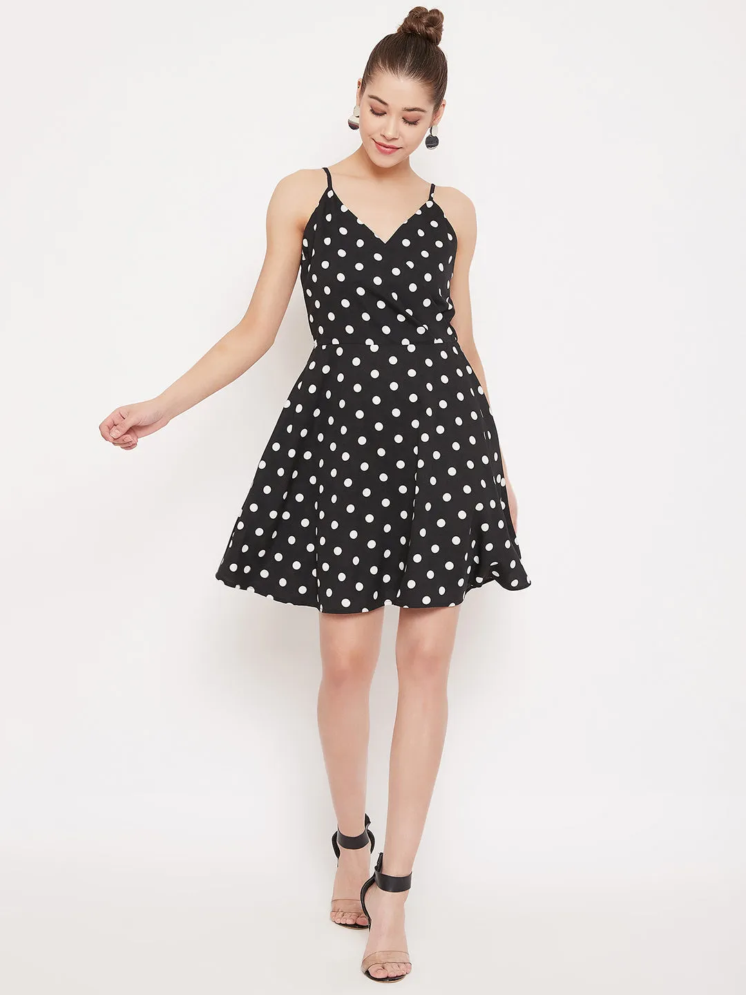 Berrylush Women Black & White Polka Dot Sleeveless Wrap Mini Dress