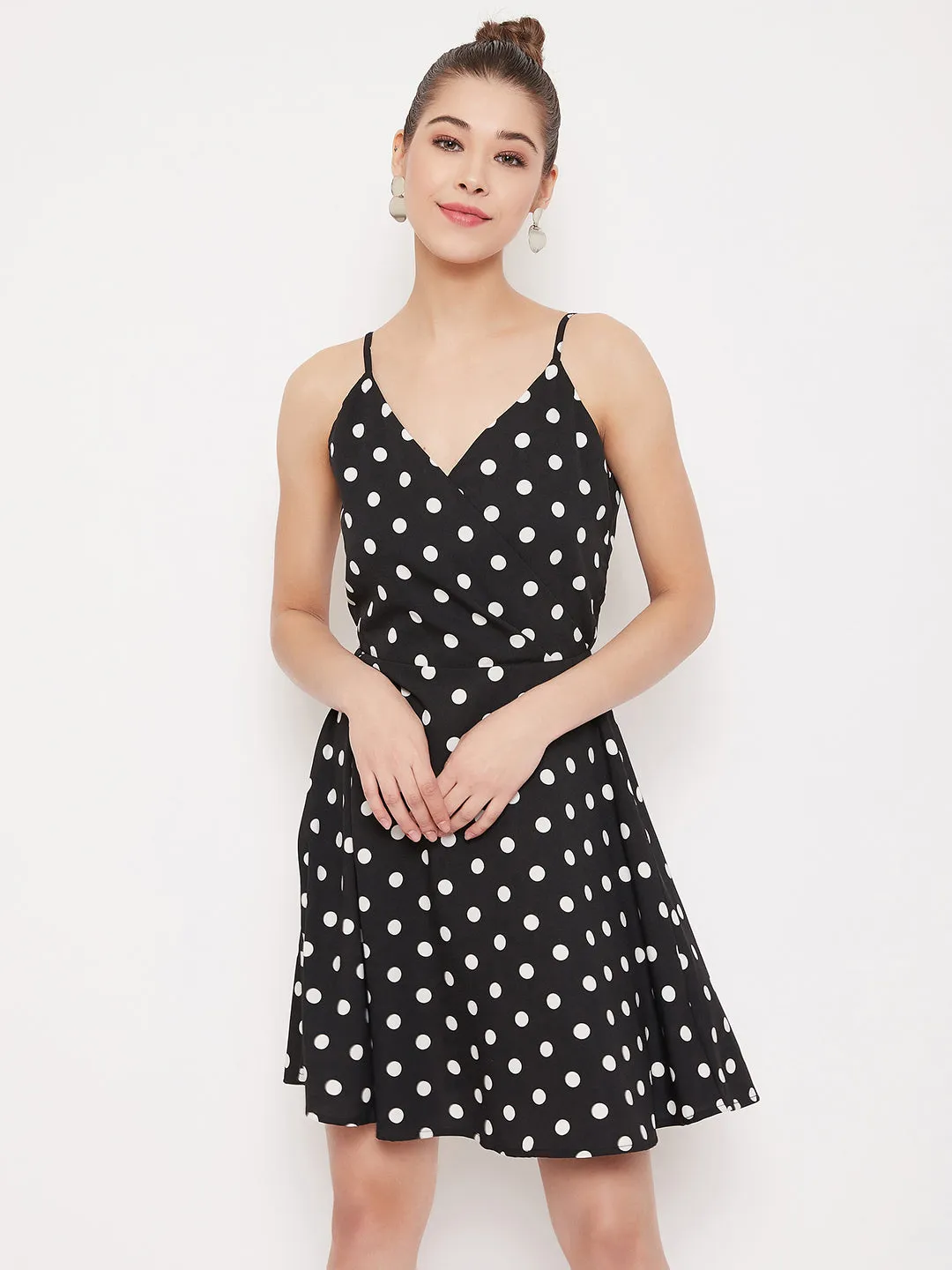 Berrylush Women Black & White Polka Dot Sleeveless Wrap Mini Dress