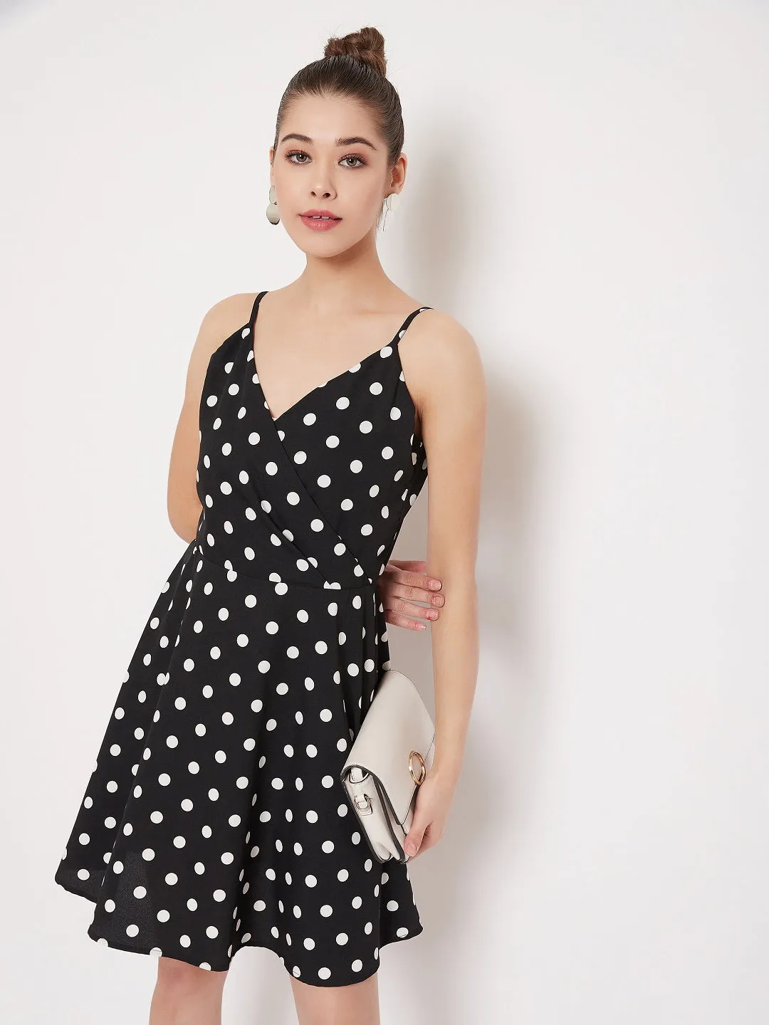 Berrylush Women Black & White Polka Dot Sleeveless Wrap Mini Dress