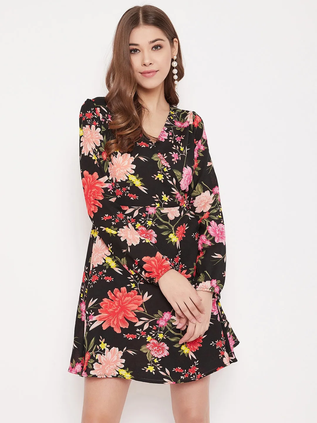 Berrylush Women Black Floral Printed Fit & Flare Wrap Mini Dress