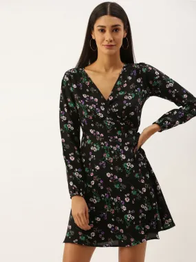 Berrylush Women Black Floral Printed V-Neck Wrap Mini Dress