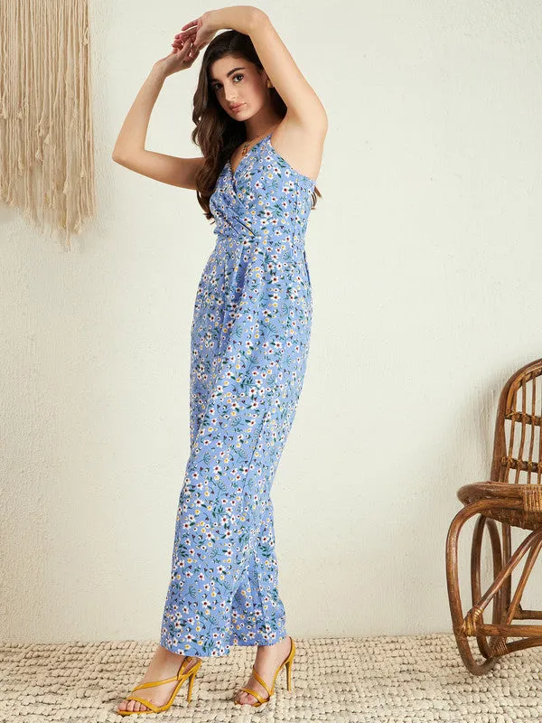 Berrylush Women Blue & White Floral Printed V-Neck Sleeveless Back Zipper Gathered Wrap Maxi Jumpsuit