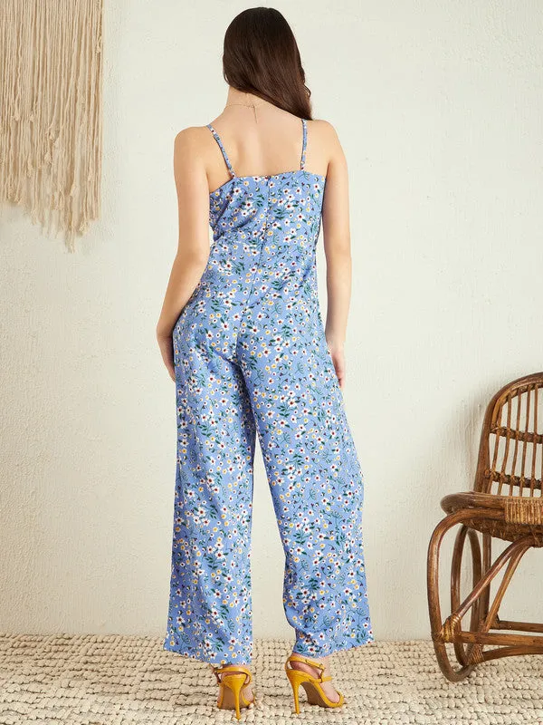 Berrylush Women Blue & White Floral Printed V-Neck Sleeveless Back Zipper Gathered Wrap Maxi Jumpsuit