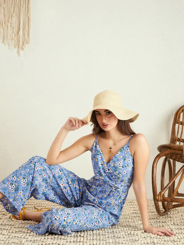 Berrylush Women Blue & White Floral Printed V-Neck Sleeveless Back Zipper Gathered Wrap Maxi Jumpsuit