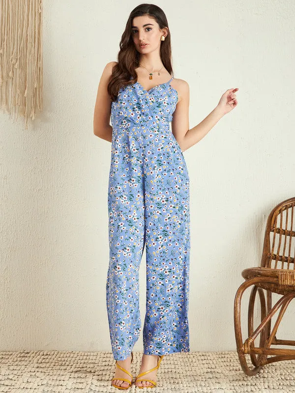 Berrylush Women Blue & White Floral Printed V-Neck Sleeveless Back Zipper Gathered Wrap Maxi Jumpsuit