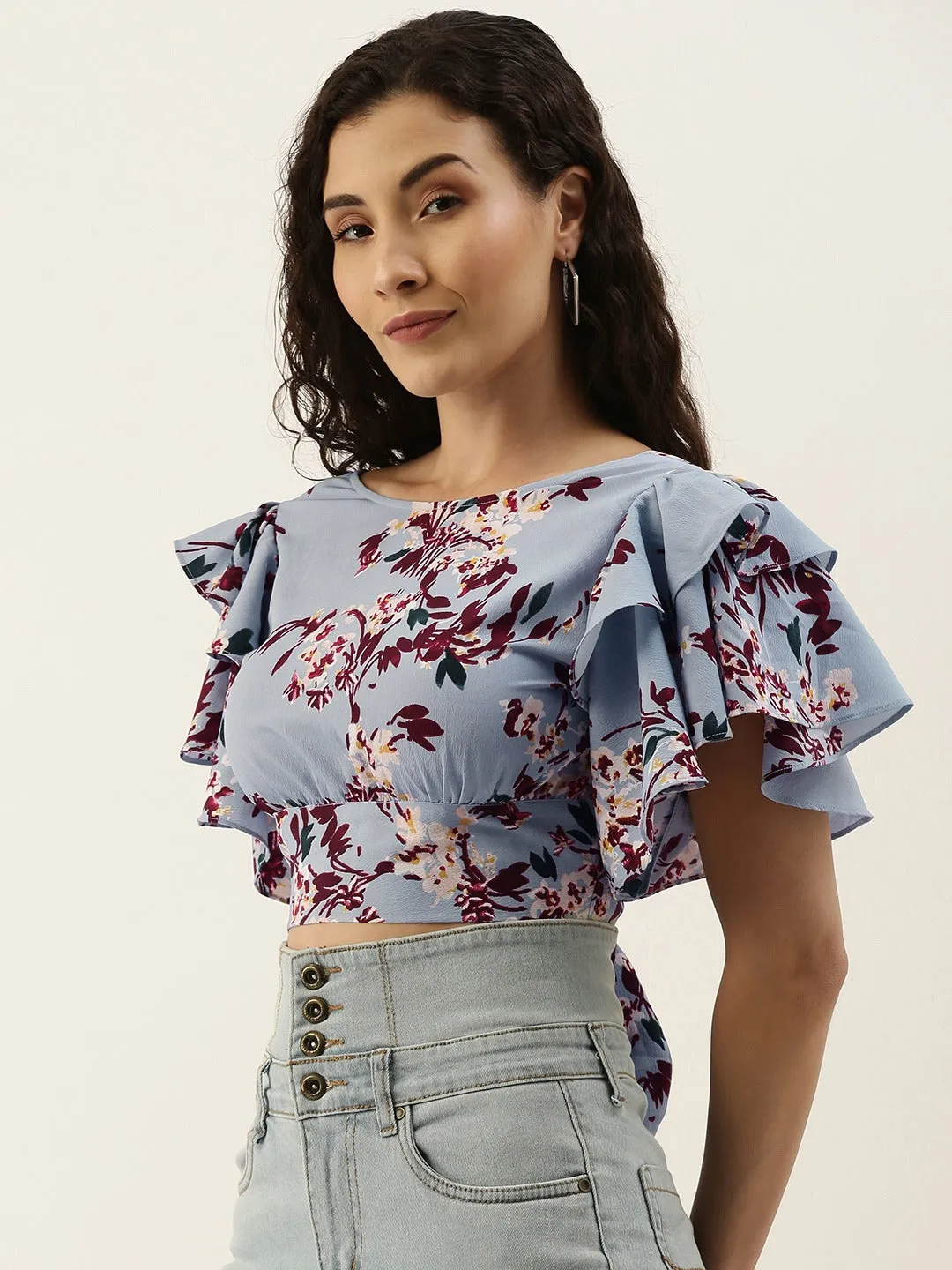 Berrylush Women Blue Floral Printed Crepe Empire Crop Top