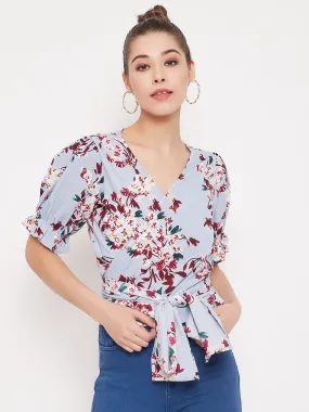 Berrylush Women Blue Floral Printed V-Neck Wrap Top