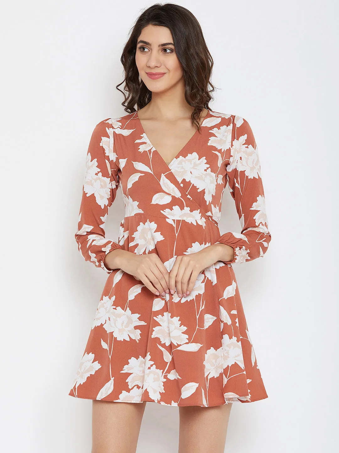 Berrylush Women Brown & White Floral Printed V-Neck Fit & Flare Wrap Mini Dress