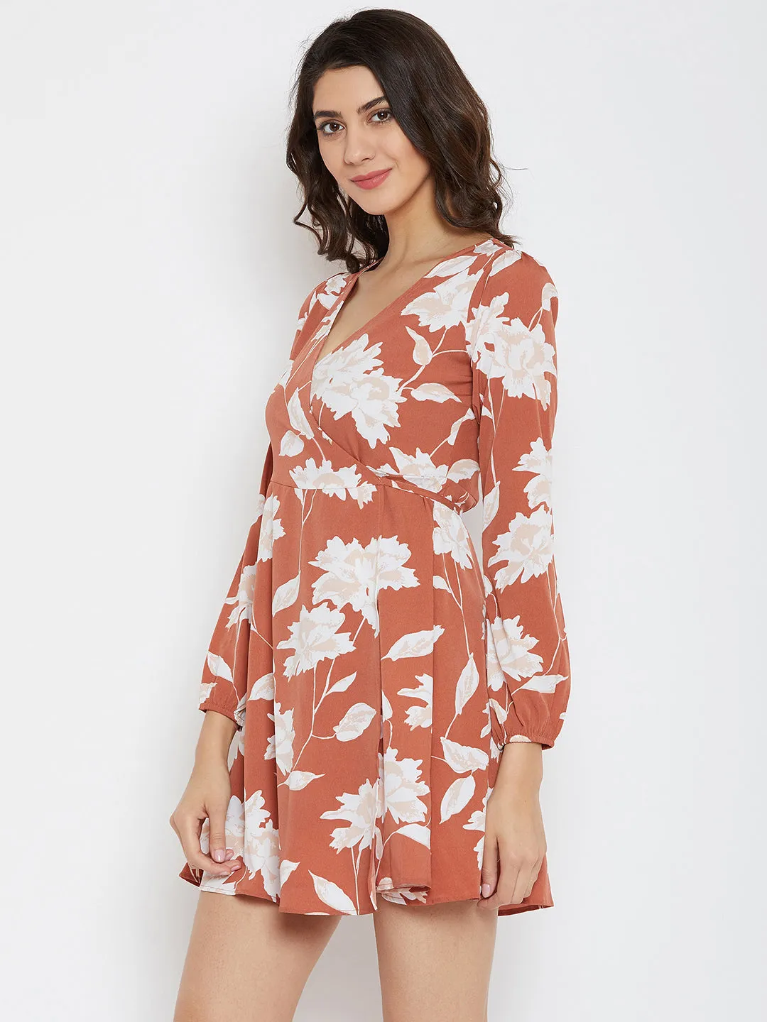 Berrylush Women Brown & White Floral Printed V-Neck Fit & Flare Wrap Mini Dress